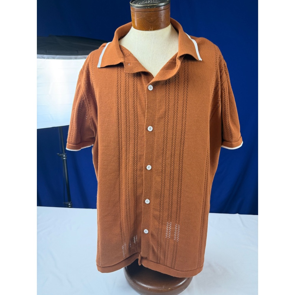 Coofandy Mens XXXL Rust Orange Knit Button Down Shirt Pointelle Short Sleeve